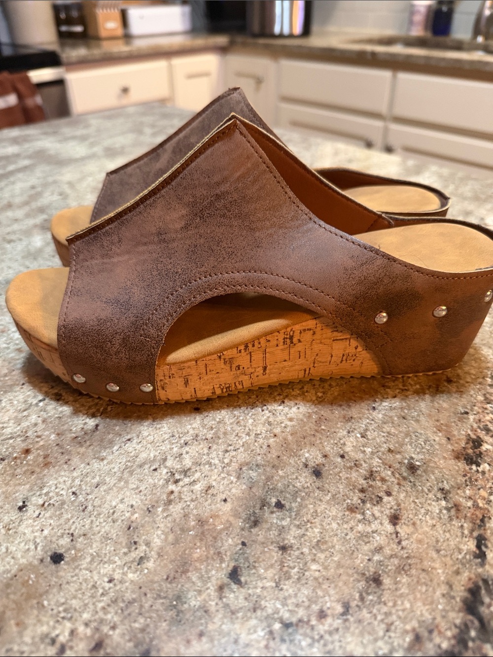 Umi Distressed Brown Stud Wedge Slide Sandals